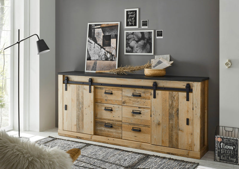 Comoda »SHERWOOD« cu aspect de lemn, usi tip hambar, lățime 201 cm - LunaHome.ro