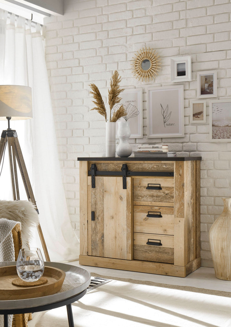 Comoda »SHERWOOD« cu aspect de lemn, usi tip hambar, lățime 93 cm - LunaHome.ro