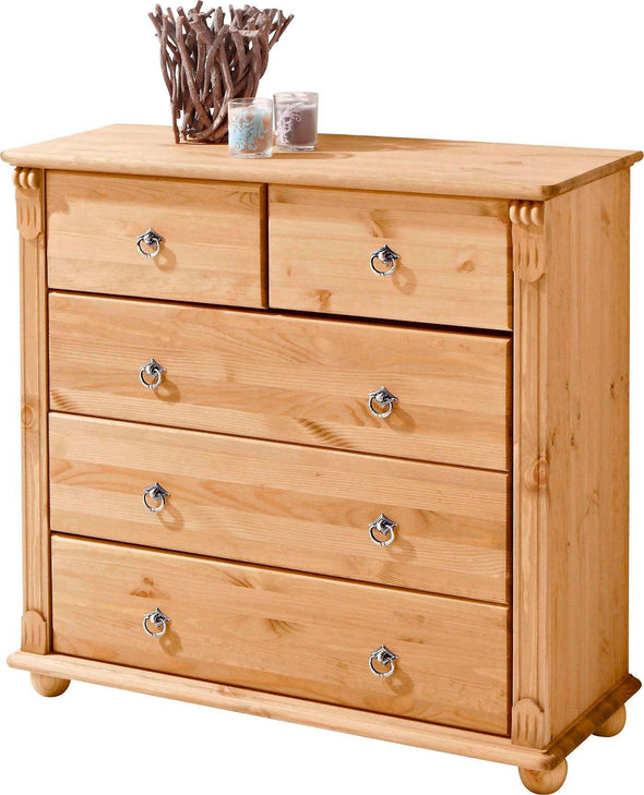 Comodă Ticino din lemn masiv de pin cu 5 sertare, 90 cm latime - LunaHome.ro