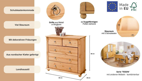 Comodă Ticino din lemn masiv de pin cu 5 sertare, 90 cm latime - LunaHome.ro