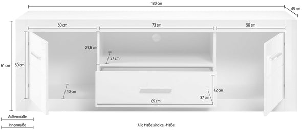 Comoda Tv Bianco alba cu front lucios, 180 cm - LunaHome.ro