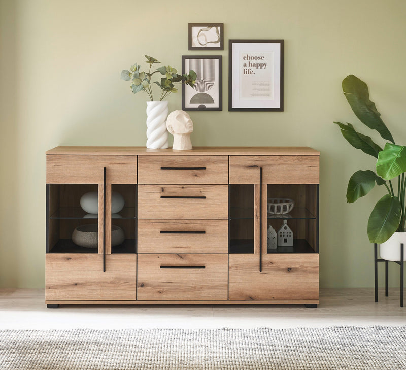 Comodă modernă Cantara culoare stejar cu sticla 150 cm lățime - LunaHome.ro