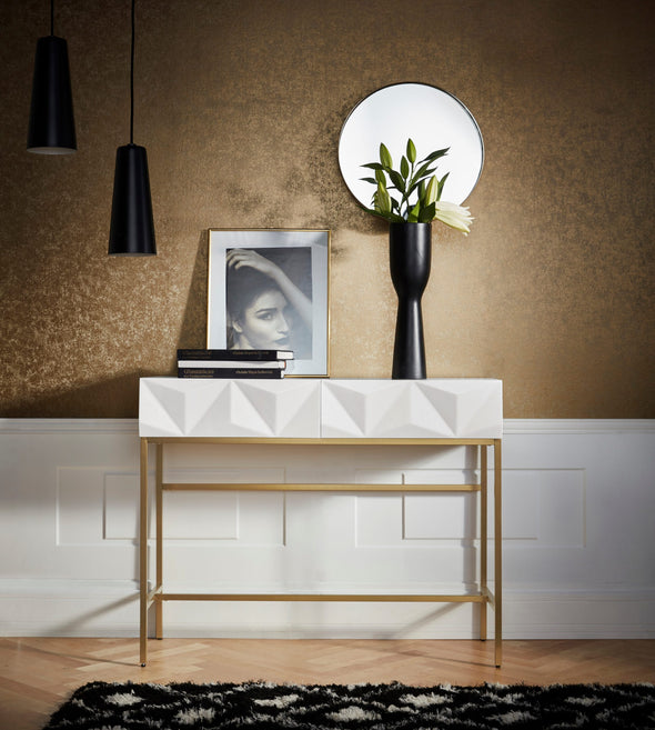 Comoda consola Minfi cu fronturi 3D alb si cadru metalic auriu 110 cm - LunaHome.ro