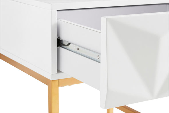 Comoda consola Minfi cu fronturi 3D alb si cadru metalic auriu 110 cm - LunaHome.ro