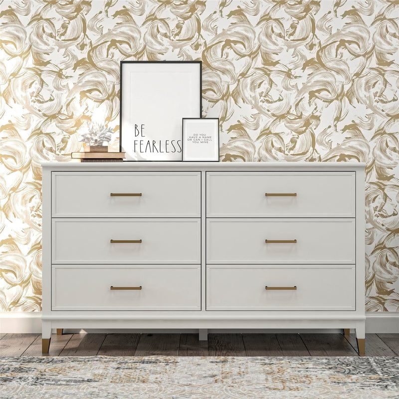 Comodă elegantă Westerleigh alb cu auriu 145 cm lățime - LunaHome.ro
