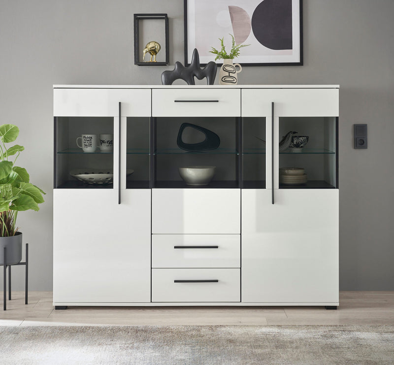 Comoda inalta Cantara alba cu vitrina 160 cm - LunaHome.ro