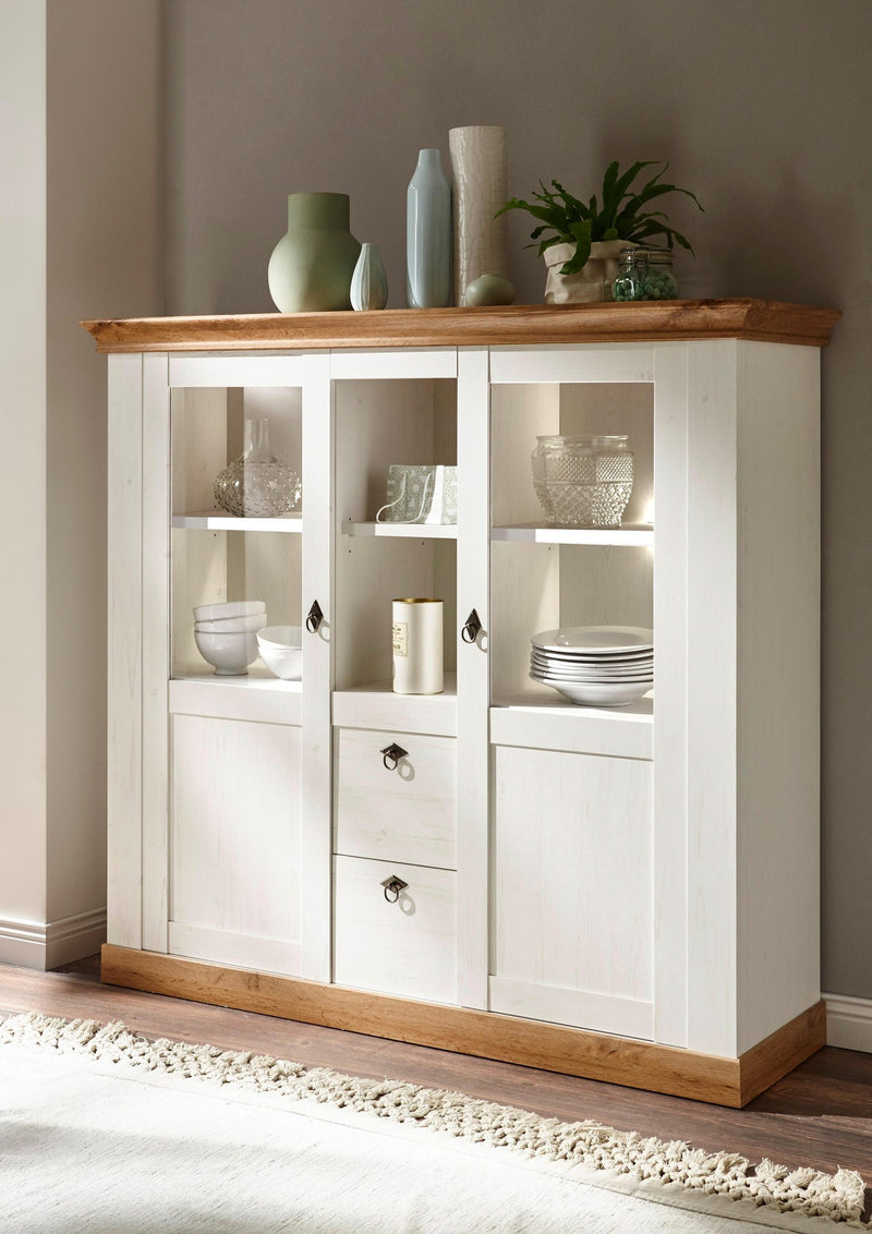Comoda inalta Cremona alba cu aspect de lemn, 148 cm latime - LunaHome.ro