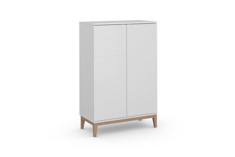 Comodă înaltă Maryd alb cu 2 usi, bază cu aspect de lemn, 80cm latime - LunaHome.ro