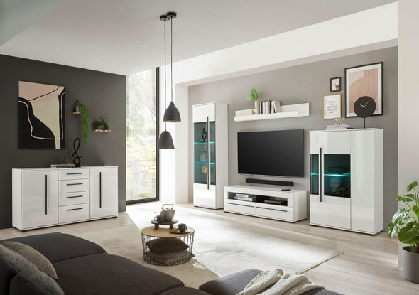 Comodă modernă Cantara alb lucios cu sertare si usi 150 cm lățime - LunaHome.ro