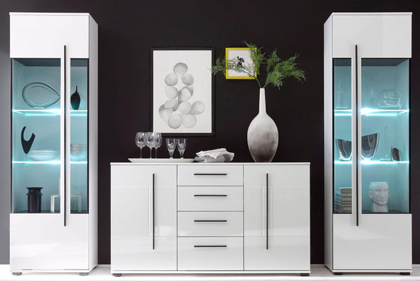 Comodă modernă Cantara alb lucios cu sertare si usi 150 cm lățime - LunaHome.ro
