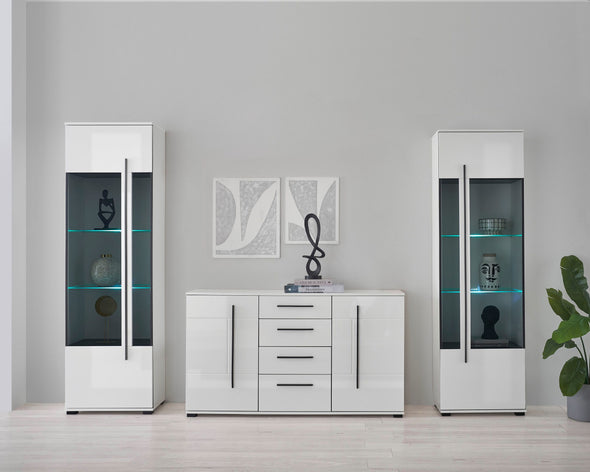 Comodă modernă Cantara alb lucios cu sertare si usi 150 cm lățime - LunaHome.ro