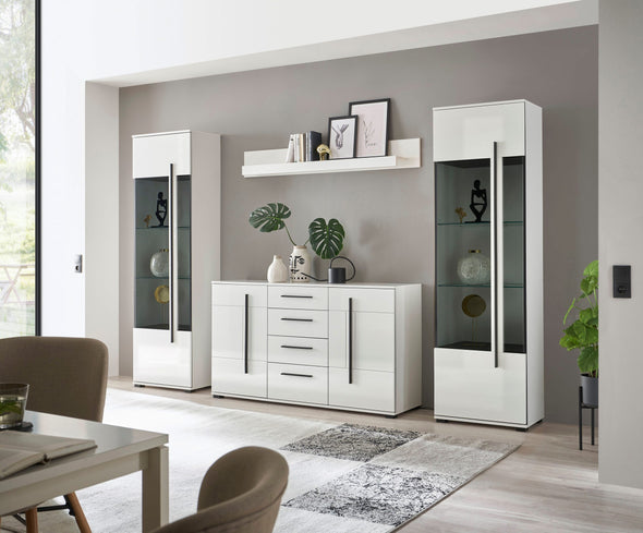 Comodă modernă Cantara alb lucios cu sertare si usi 150 cm lățime - LunaHome.ro