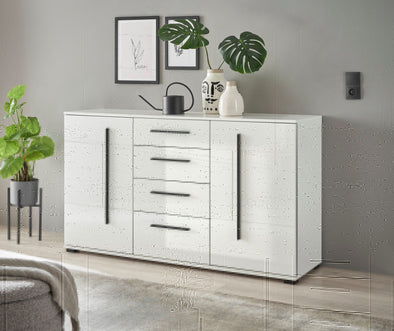 Comodă modernă Cantara alb lucios cu sertare si usi 150 cm lățime - LunaHome.ro
