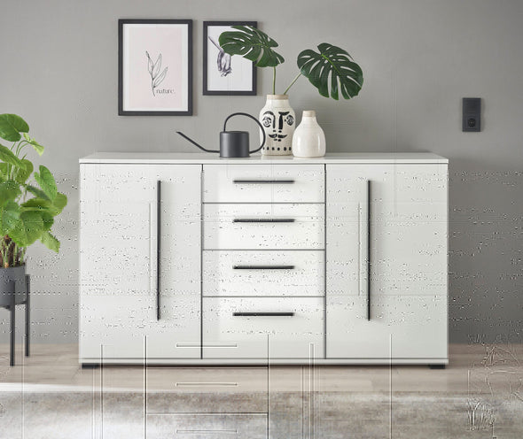 Comodă modernă Cantara alb lucios cu sertare si usi 150 cm lățime - LunaHome.ro