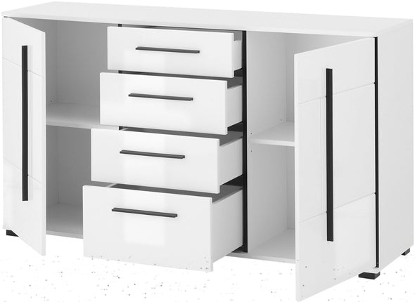 Comodă modernă Cantara alb lucios cu sertare si usi 150 cm lățime - LunaHome.ro