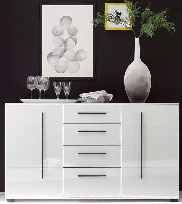 Comodă modernă Cantara alb lucios cu sertare si usi 150 cm lățime - LunaHome.ro