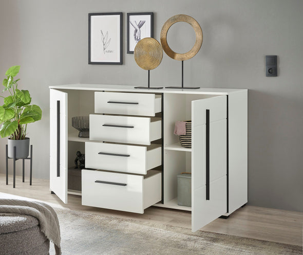 Comodă modernă Cantara alb lucios cu sertare si usi 150 cm lățime - LunaHome.ro
