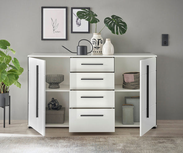 Comodă modernă Cantara alb lucios cu sertare si usi 150 cm lățime - LunaHome.ro