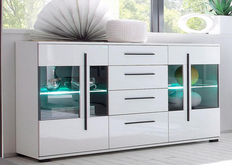 Comodă modernă Cantara alb lucios cu sticla 150 cm lățime - LunaHome.ro