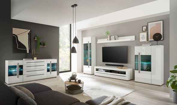 Comodă modernă Cantara alb lucios cu sticla 200 cm lățime