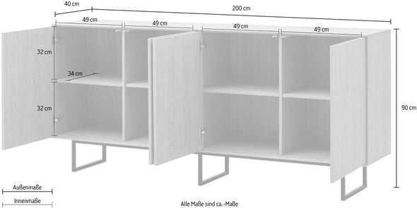 Comodă modernă Lund cu 4 uși și picioare metalice, 200 cm