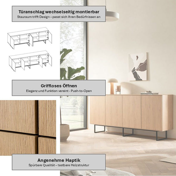 Comodă modernă Lund cu 4 uși și picioare metalice, 200 cm