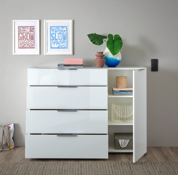 Comoda moderna Santorin cu fronturi si blat din sticla alba 135 cm - LunaHome.ro