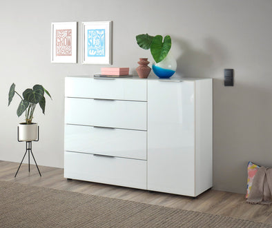 Comoda moderna Santorin cu fronturi si blat din sticla alba 135 cm