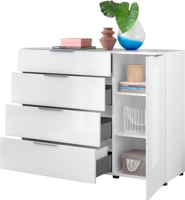 Comoda moderna Santorin cu fronturi si blat din sticla alba 135 cm - LunaHome.ro