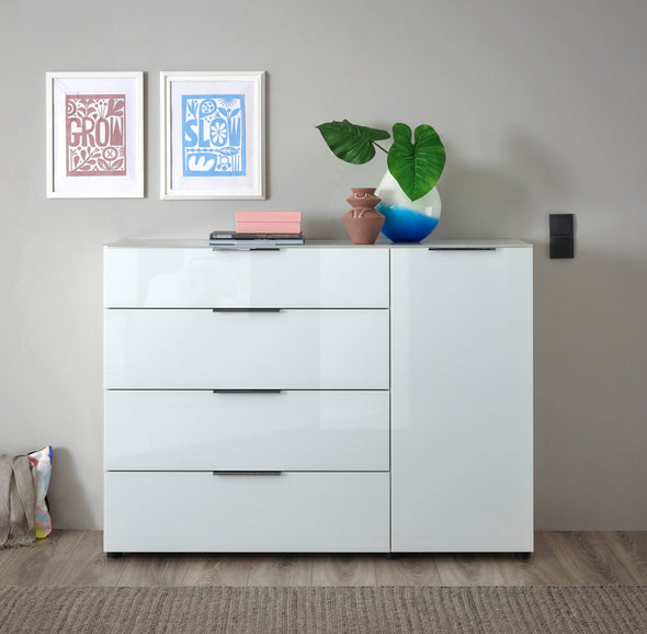 Comoda moderna Santorin cu fronturi si blat din sticla alba 135 cm - LunaHome.ro