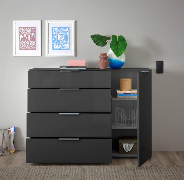 Comoda moderna Santorin gri cu fronturi si blat din sticla 135 cm - LunaHome.ro