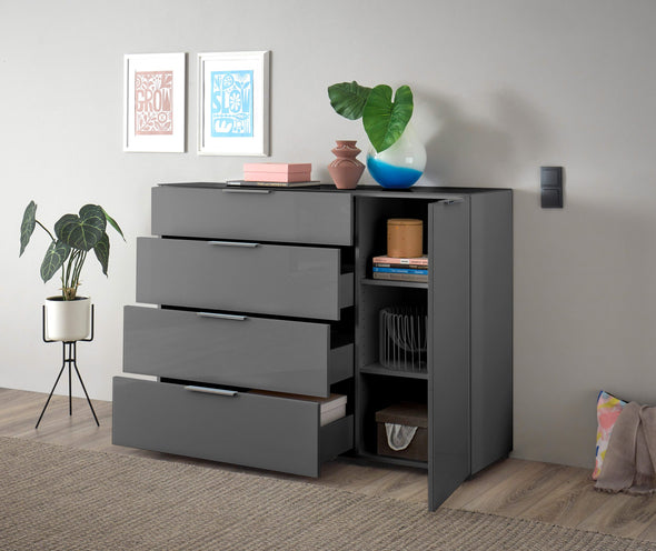 Comoda moderna Santorin gri cu fronturi si blat din sticla 135 cm - LunaHome.ro