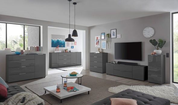 Comoda moderna Santorin gri cu fronturi si blat din sticla 135 cm - LunaHome.ro