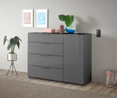 Comoda moderna Santorin gri cu fronturi si blat din sticla 135 cm - LunaHome.ro