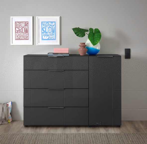 Comoda moderna Santorin gri cu fronturi si blat din sticla 135 cm - LunaHome.ro