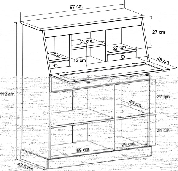 Comoda secretaire Rossi din lemn de pin alb 90 cm - LunaHome.ro