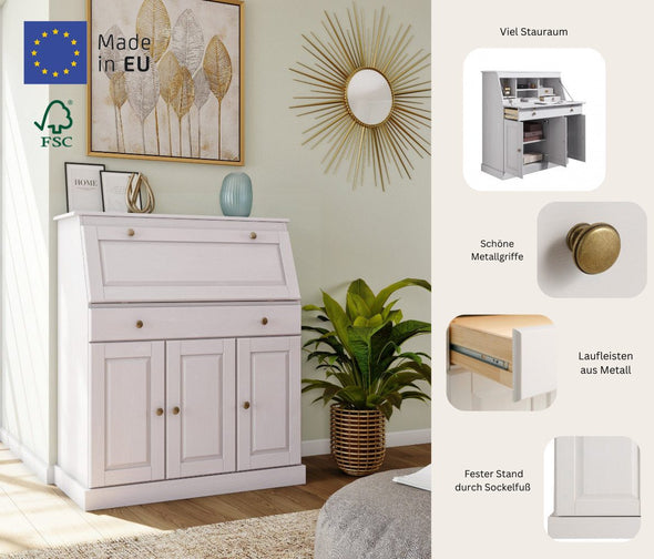 Comoda secretaire Rossi din lemn de pin alb 90 cm - LunaHome.ro