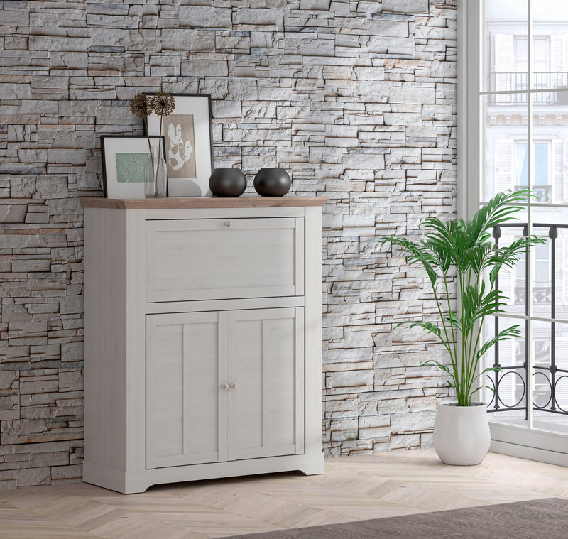 Comoda tip bar secretaire Iloppa cu aspect romantic alb 115 cm