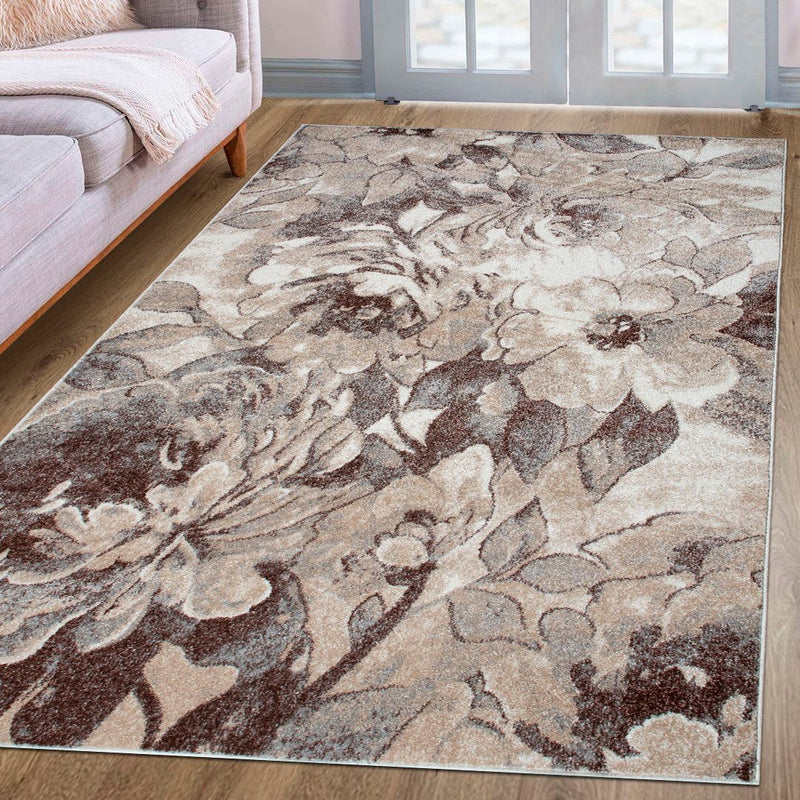 Covor Almrose cu fir scurt, moale model floral maro bej 60x90 cm - LunaHome.ro