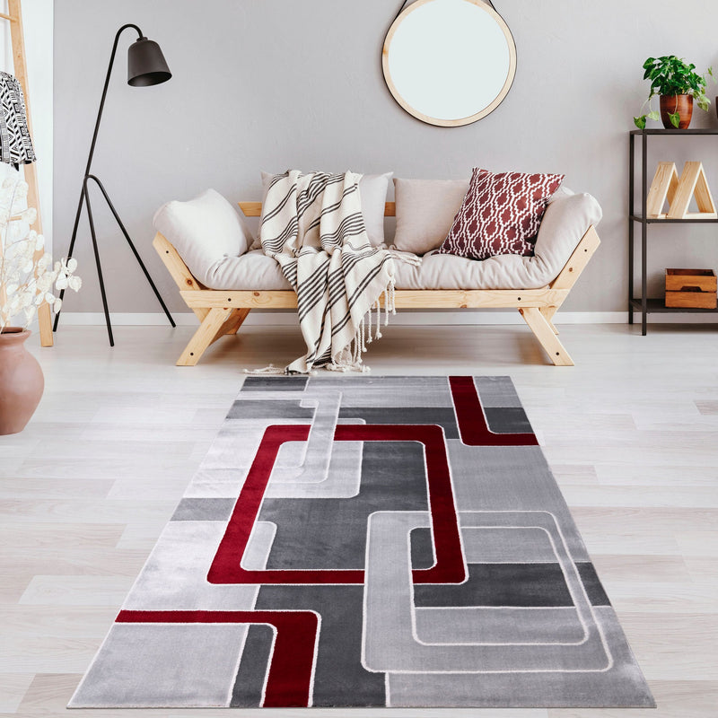 Covor Anesa cu design geometric 3D modern gri cu roșu, 240x320 cm - LunaHome.ro
