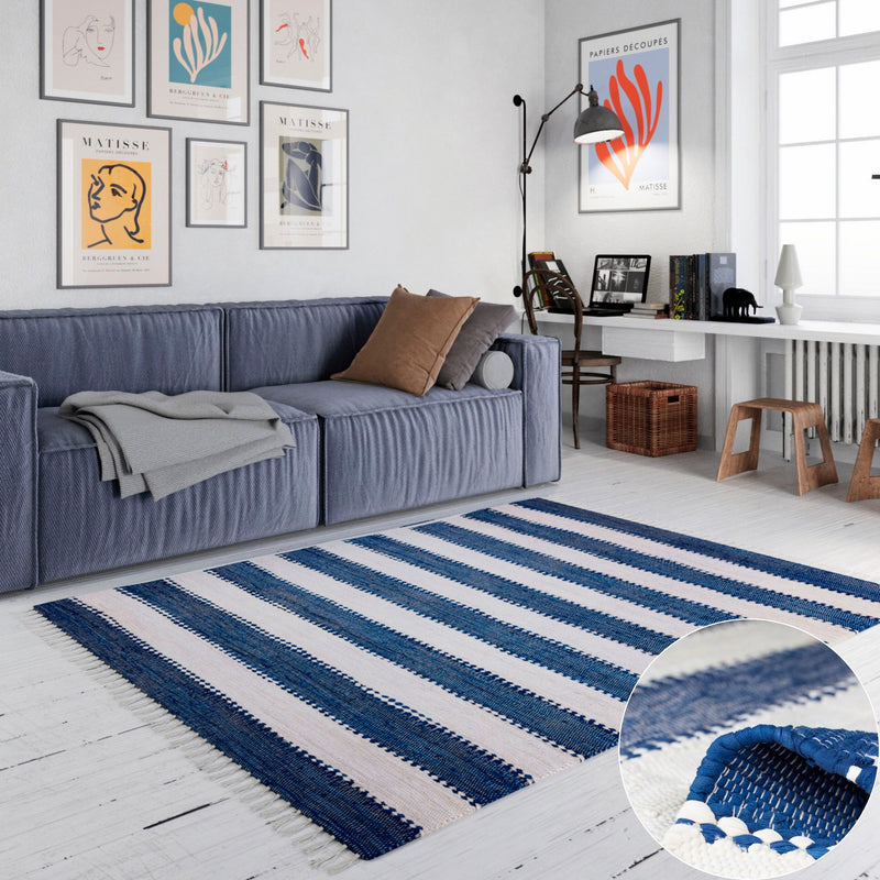 Covor Benja din bumbac țesut manual albastru-alb 140x200 cm - LunaHome.ro