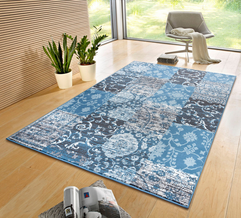 Covor Bloques cu fir scurt, design modern albastru 160x230 cm - LunaHome.ro