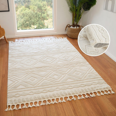 Covor Bonvo crem cu design scandinav 3D si franjuri 160x230 cm - LunaHome.ro