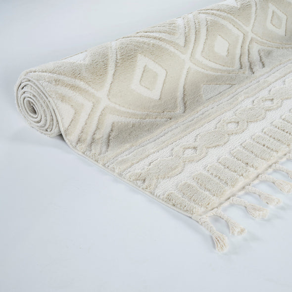 Covor Bonvo crem cu design scandinav 3D si franjuri 160x230 cm - LunaHome.ro