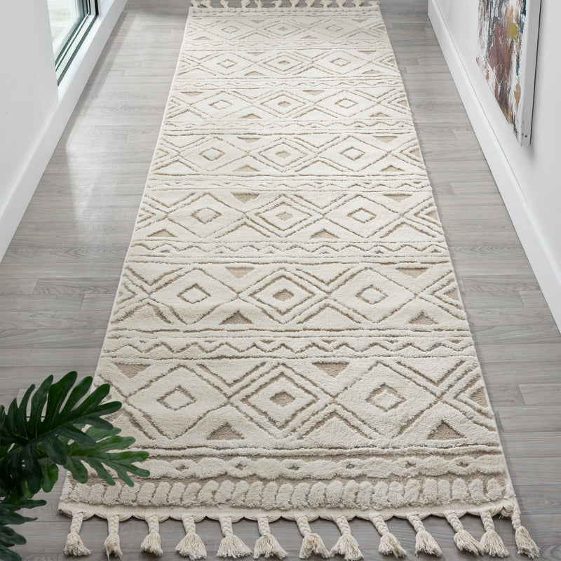 Covor Bonvo bej cu design scandinav 3D si franjuri 80x300 cm - LunaHome.ro