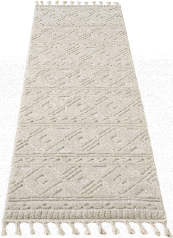 Covor Bonvo crem cu design scandinav 3D si franjuri 80x300 cm - LunaHome.ro