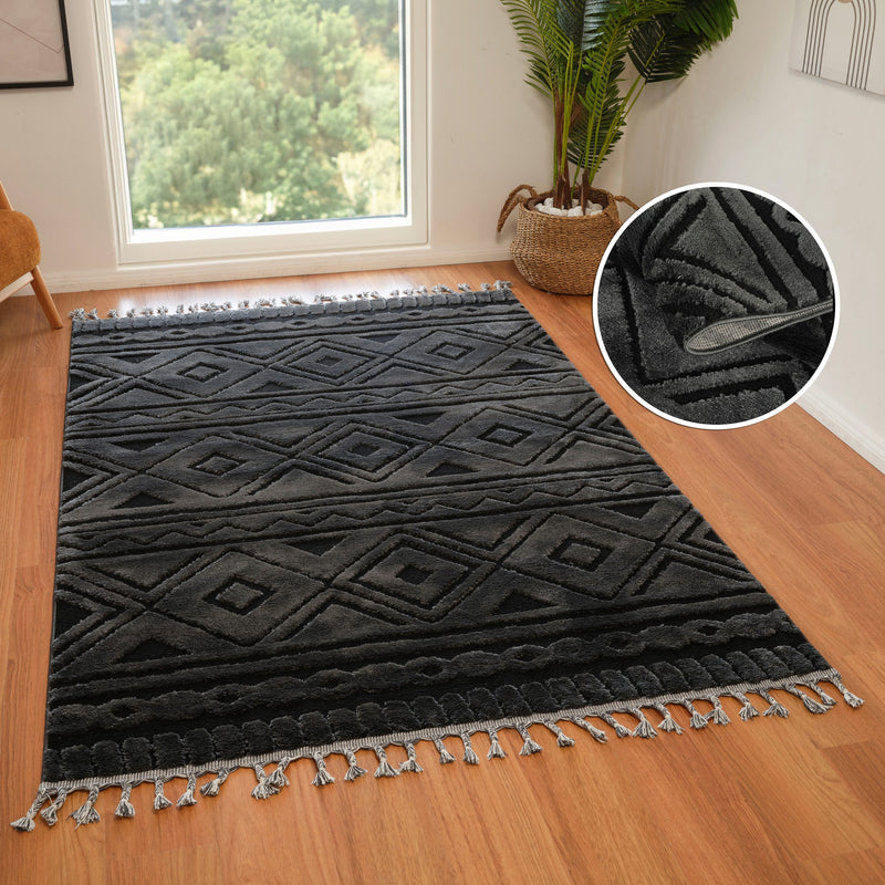 Covor Bonvo negru cu design scandinav 3D si franjuri 120x180 cm - LunaHome.ro