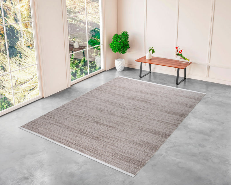 Covor Bricon cu fire scurte si franjuri, model modern culoare nisip 60x90 cm - LunaHome.ro
