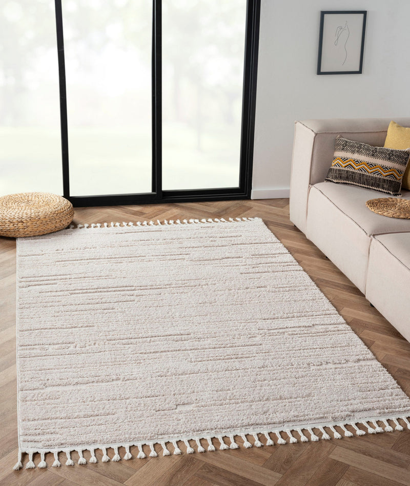 Covor Enya cu franjuri model 3D stil boho crem, 160x230 cm - LunaHome.ro