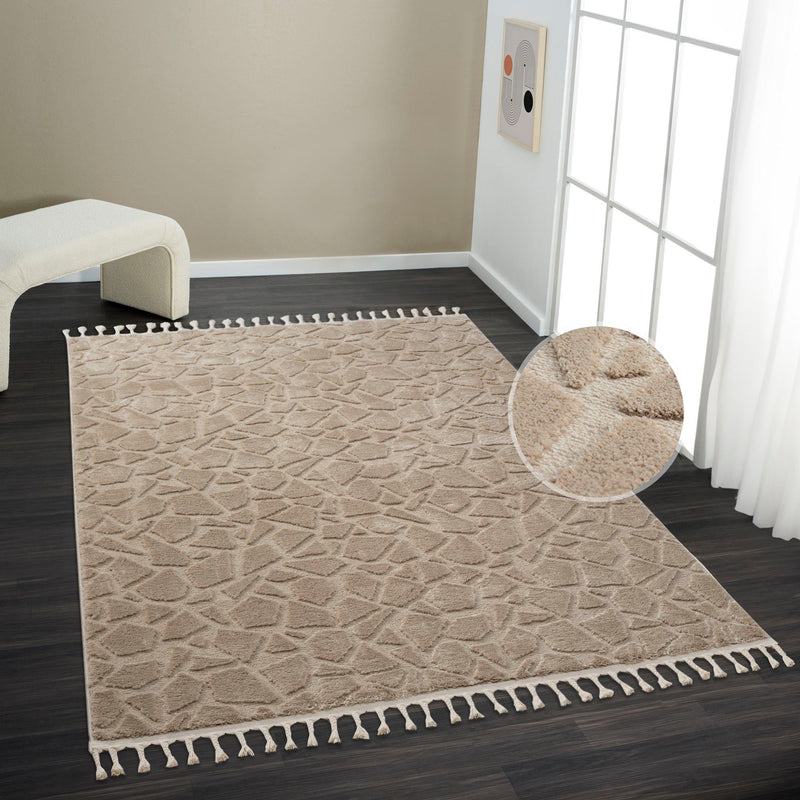 Covor Geron cu aspect de lana stil boho scandi culoare nisip, 120x180 cm - LunaHome.ro